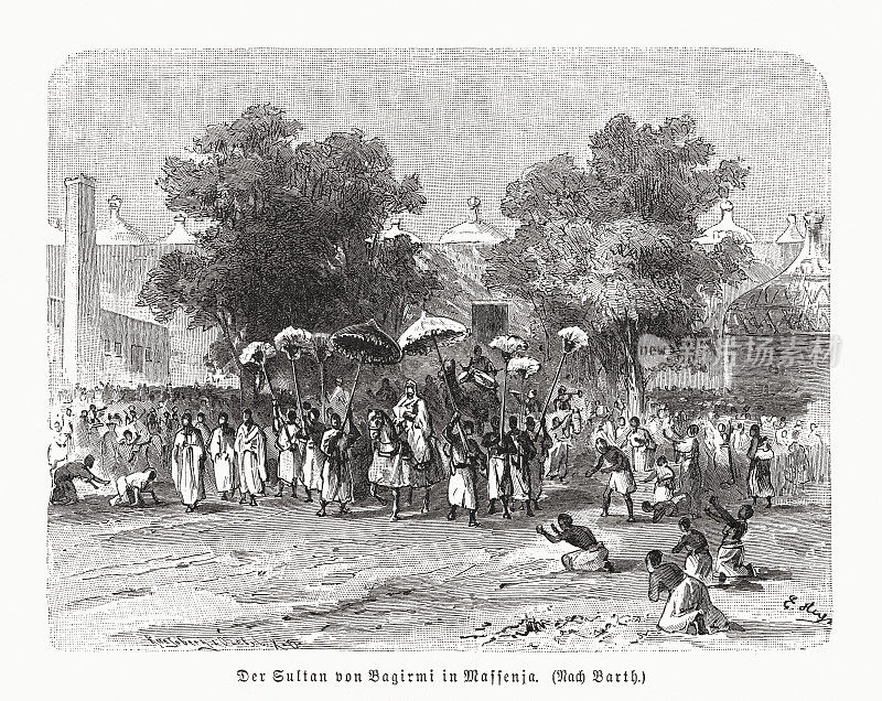 马森亚的巴格尔米(乍得)苏丹，木刻，1891年出版