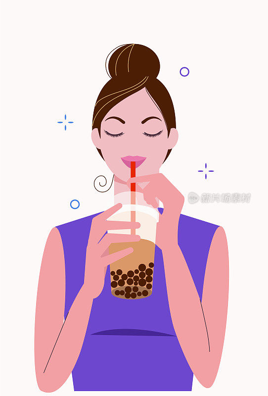年轻女子喝着珍珠奶茶。台湾流行和著名的饮料珍珠与木薯黑珍珠。卡通平面矢量插图。