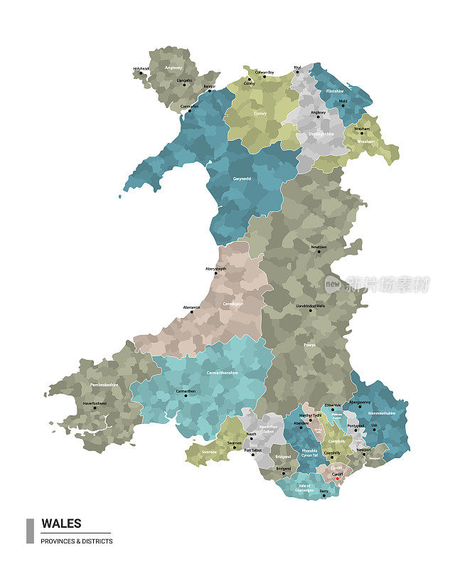 威尔士高详细地图与细分。行政地图的威尔士地区和城市名称，颜色由州和行政区域。矢量插图。