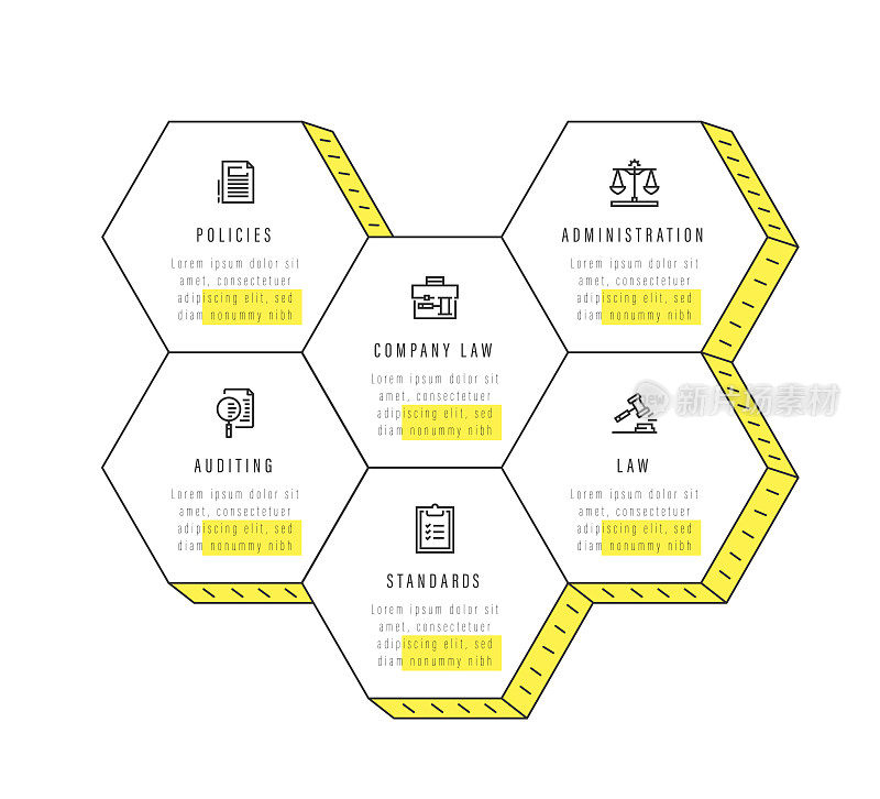 信息图表设计模板。政策，公司法律，行政，审计，标准，法律图标6个选项或步骤。