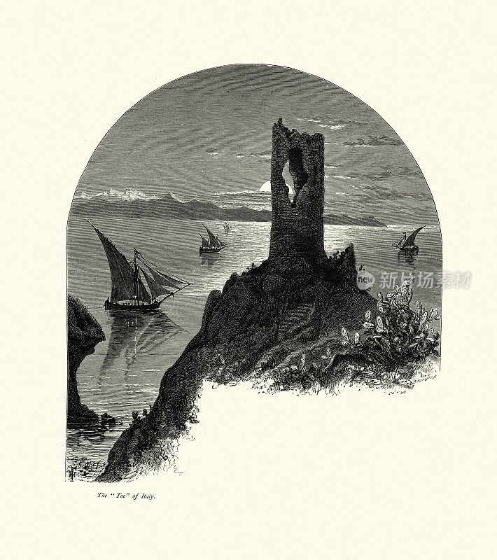 船，废墟塔，意大利脚趾，卡拉布里亚，意大利，19世纪