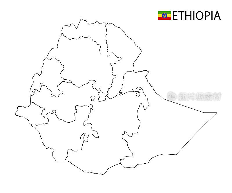 埃塞俄比亚地图，黑白详细勾勒出该国各地区。