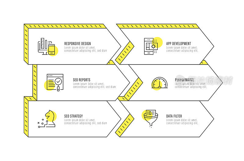 信息图表设计模板。响应式设计，搜索引擎优化报告，搜索引擎优化策略，应用程序开发，性能，数据过滤器图标6个选项或步骤。