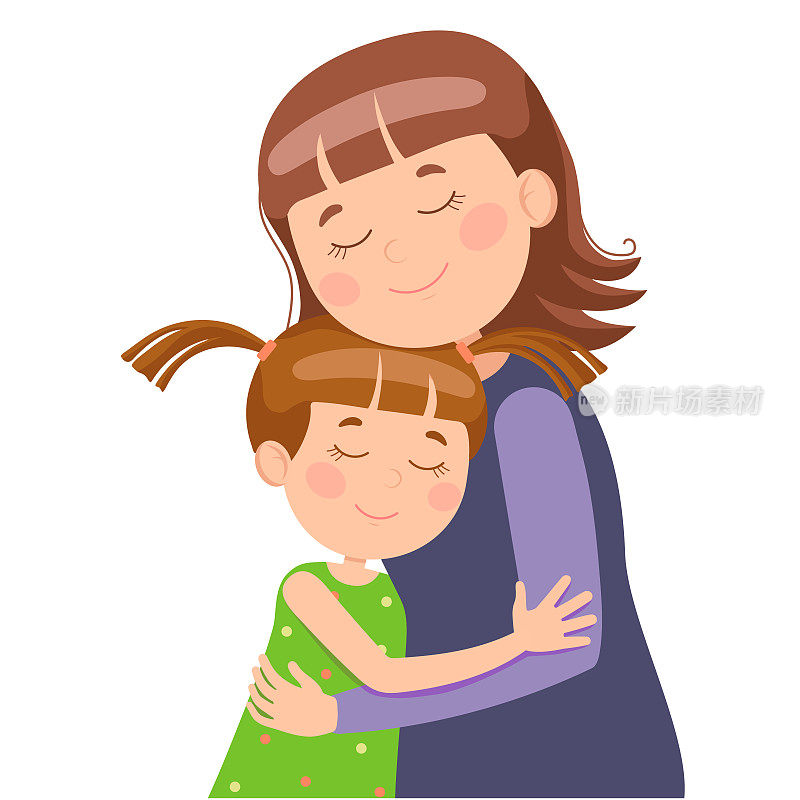 快乐的拥抱妈妈和女儿，真诚的爱的孩子对妈妈。