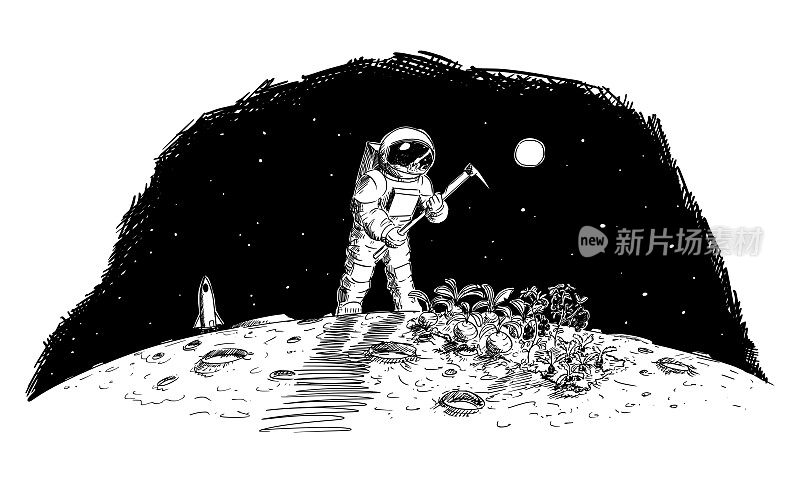 宇航员农业在月球，火星或遥远的行星，粮食生产在太空，矢量卡通棍棒人物插图