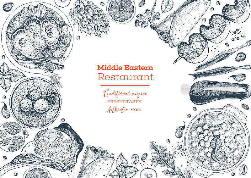 中东美食俯视图框架。菜单设计有鹰嘴豆泥，烤肉串，沙瓦玛，鱼片，无酵饼丸子汤。复古手绘草图矢量插图。中东传统食物。