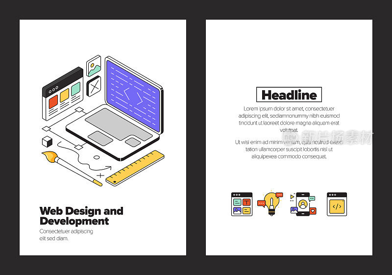 网页设计和发展概念等角网页横幅，海报，封面和横幅的三维设计