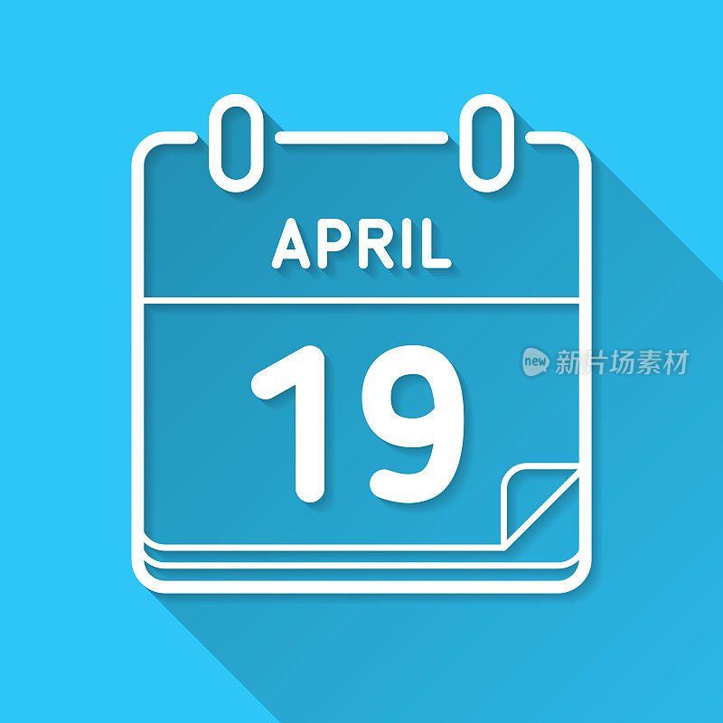 4月19日。蓝色背景上的图标-长阴影平面设计