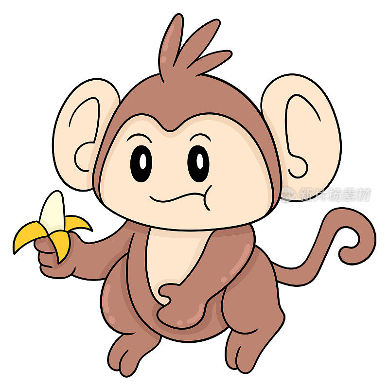 可爱的猴子孩子享受美味的香蕉，矢量插图艺术。涂鸦图标形象卡哇伊。