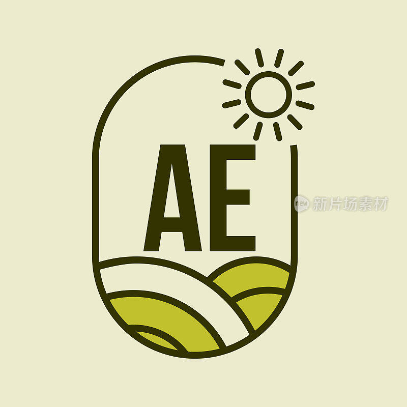 字母AE徽章模板上的农业标志。字母AE农业农场，农业企业，生态农场标志