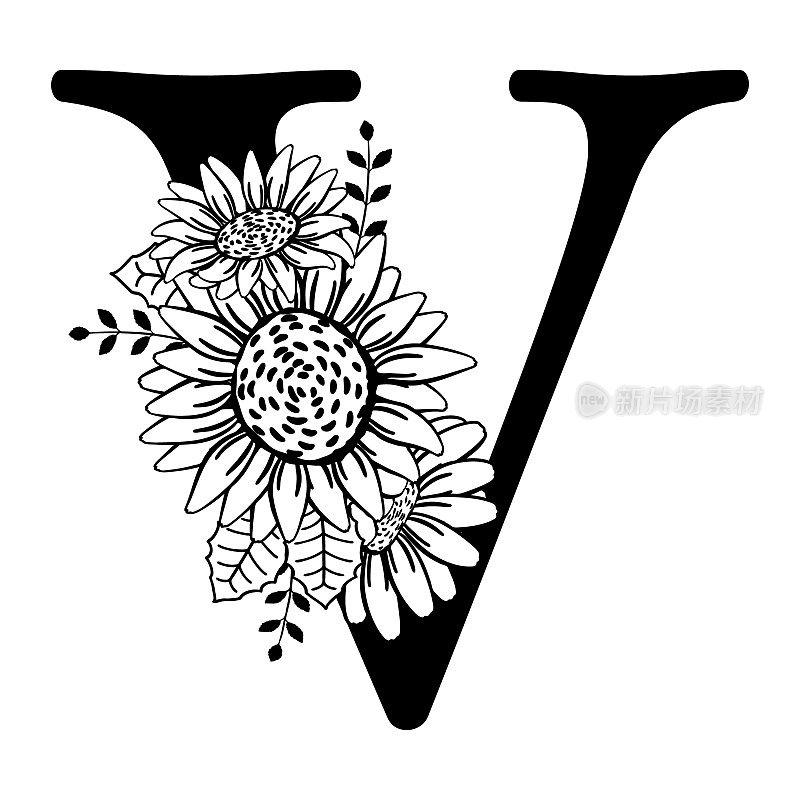 带花的大写字母V。字母组合，头衔，胜利标志。黑色的轮廓图。矢量插图孤立在白色背景上。家庭的标志,标志。花卉设计，姓名首字母，印花。