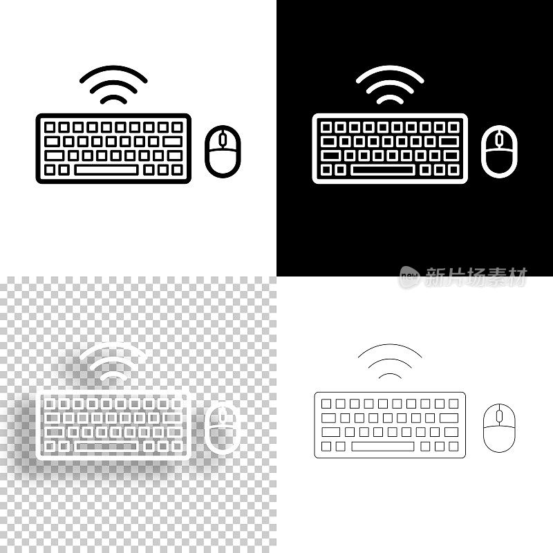 无线键盘和鼠标。图标设计。空白，白色和黑色背景-线图标