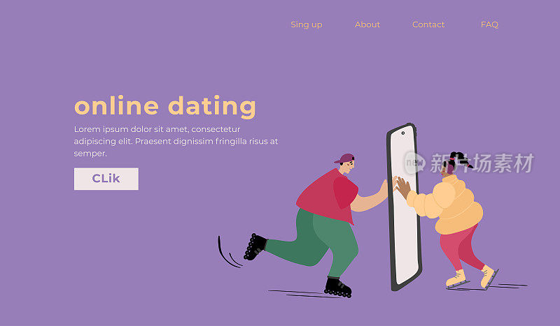 网页设计开始页面的概念。年轻的情侣手绘角色滑冰、在线视频聊天、用智能手机远程约会