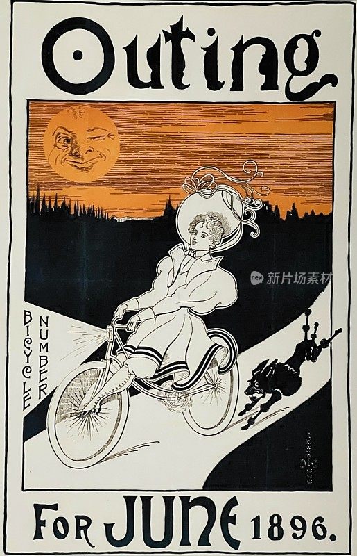 郊游杂志标题1896年6月:一个女人骑着自行车，后面跟着一只狗。一轮满月从天空中眨眼。
