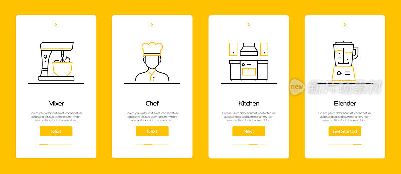 在移动应用页面上使用扁平图标的烹饪概念。用户体验，UI设计模板矢量插图