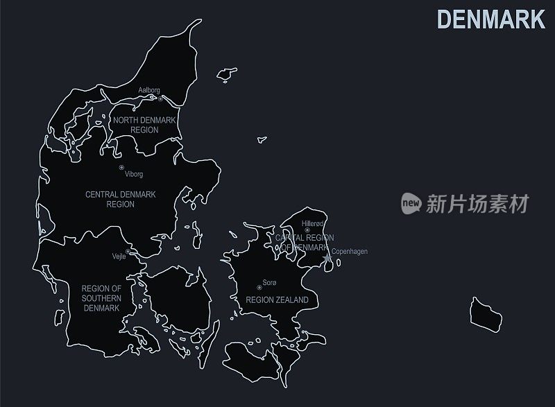 以黑色为背景的丹麦城市和地区的平面地图