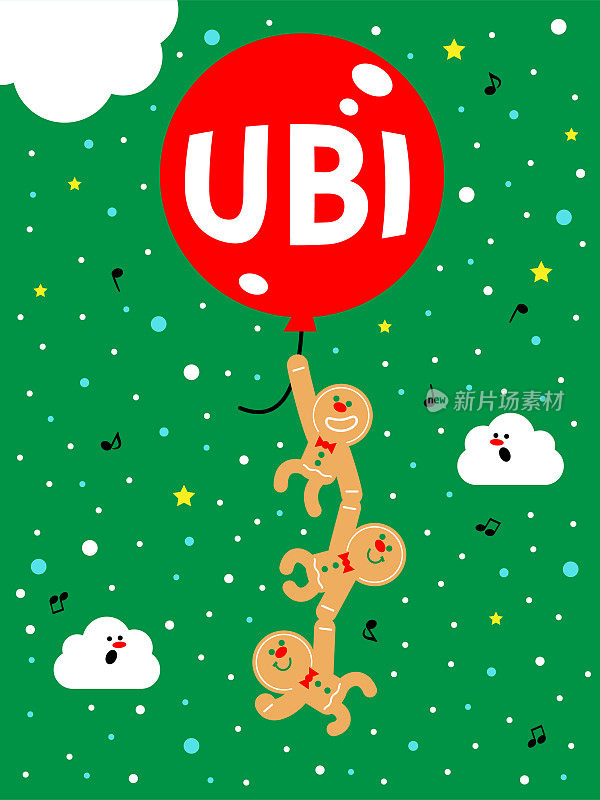 姜饼人拿着印有“全民基本收入”(UBI)标志的大气球在空中飞翔