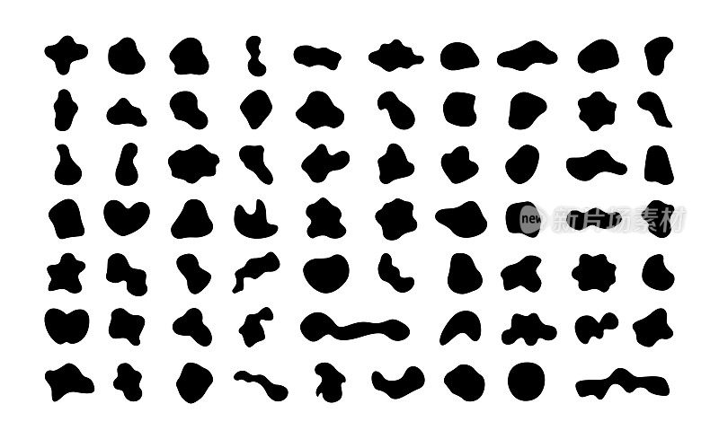随机形状不规则。抽象斑点，墨迹和卵石剪影，液体无定形斑点元素。黑色的斑点。