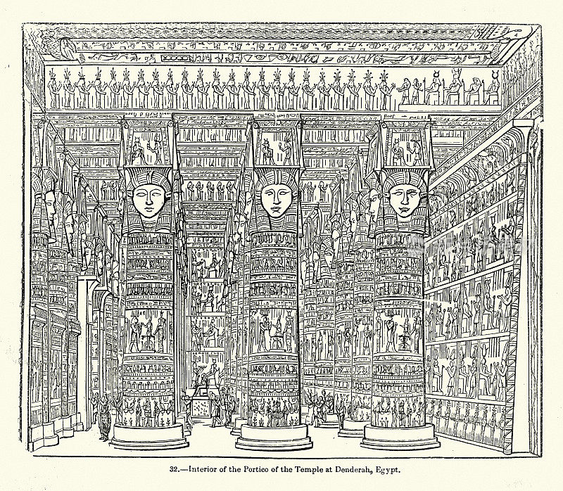 19世纪埃及丹德拉神庙古埃及门廊的内部