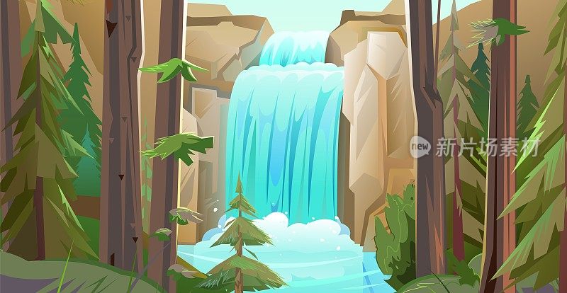 岩石之间有瀑布的夏季景观。级联向下闪闪发光。水的流动。漂亮的卡通风格。松柏。平面设计。向量
