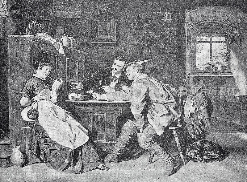 一个年轻的女人和两个男人坐在餐厅的桌子上