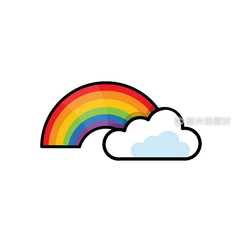 形象有彩虹和云彩，波普艺术漫画风格。矢量插图孤立在白色背景上