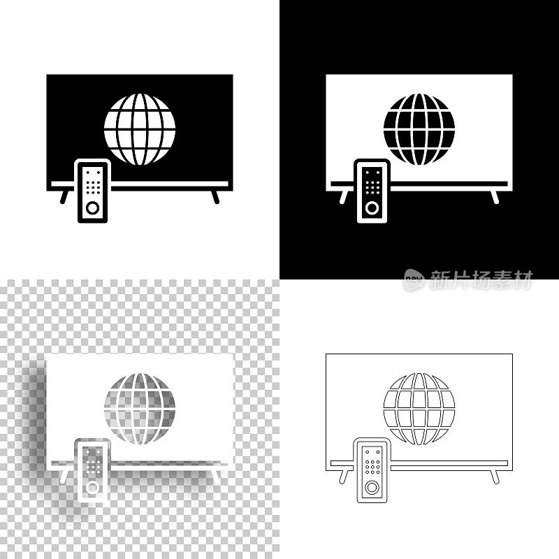 与全球电视。图标设计。空白，白色和黑色背景-线图标