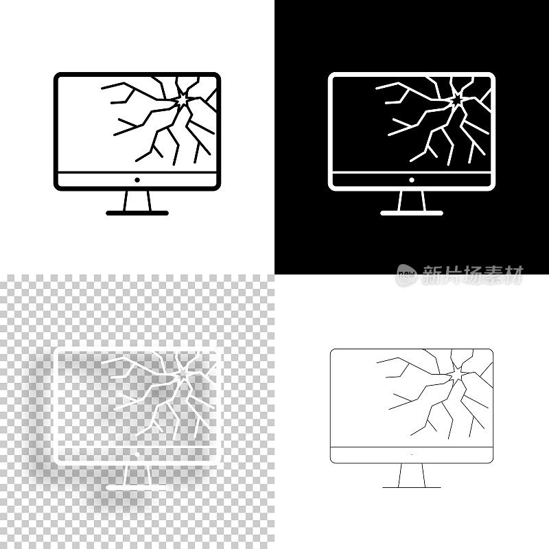 桌面电脑，屏幕坏了。图标设计。空白，白色和黑色背景-线图标