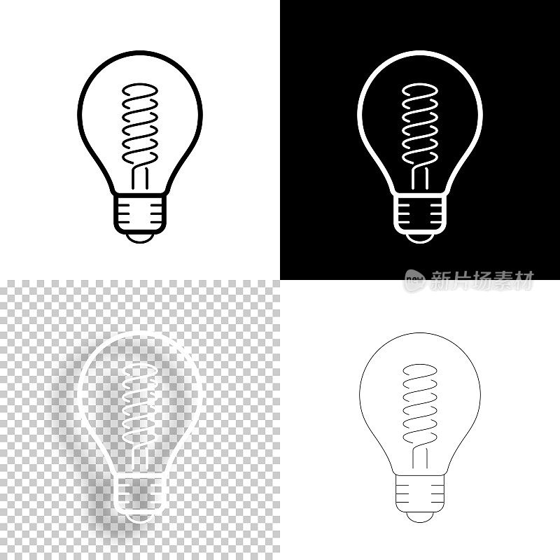 “螺旋灯丝灯泡”图标。图标设计。空白，白色和黑色背景-线图标
