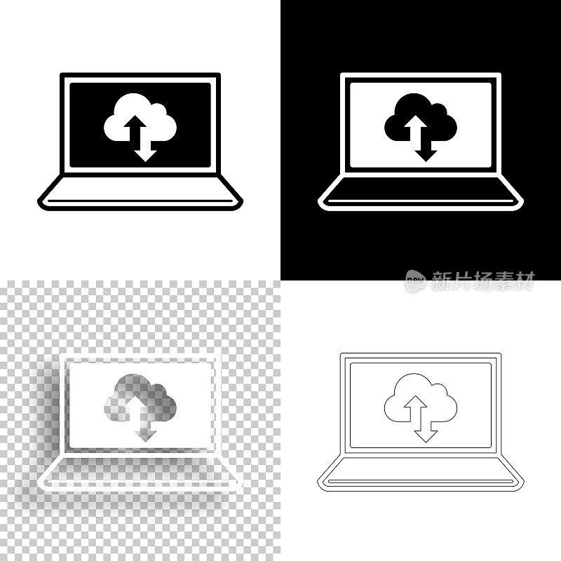 云端下载和上传笔记本电脑。图标设计。空白，白色和黑色背景-线图标