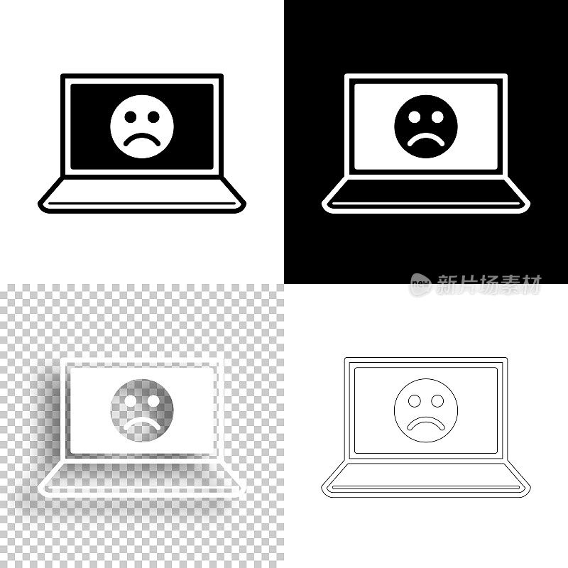 带悲伤表情的笔记本电脑。图标设计。空白，白色和黑色背景-线图标