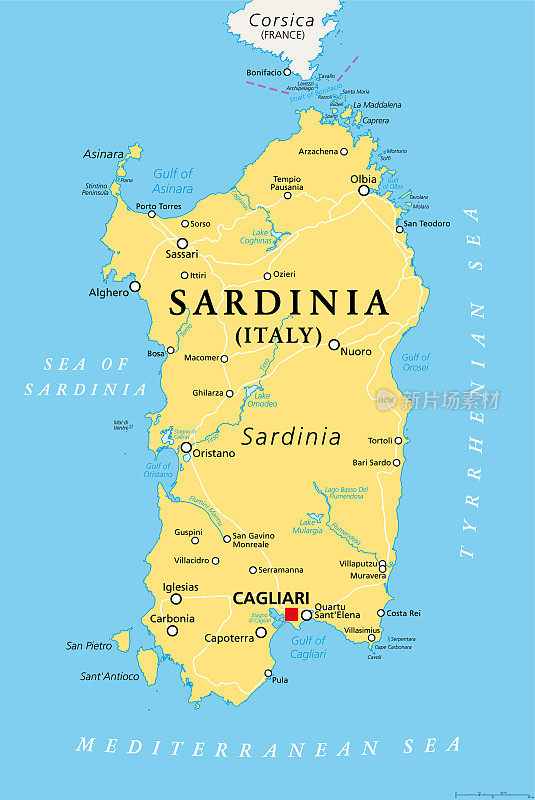 撒丁岛，意大利岛屿，首都卡利亚里的政治地图