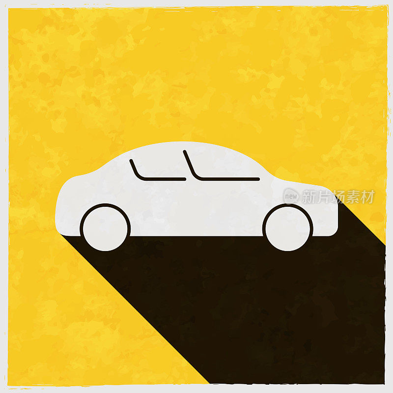 车侧视图。图标与长阴影的纹理黄色背景