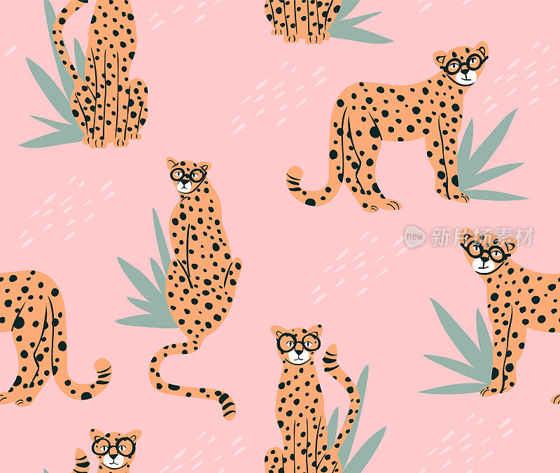 可爱的嬉皮猎豹无缝图案。粉红豹热带背景。完美的创造织物，纺织品，包装纸，包装。