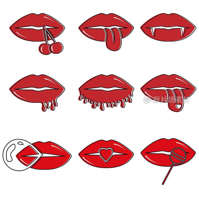 收集红色的女性嘴唇。性感女人的嘴唇矢量插图。微笑,吻