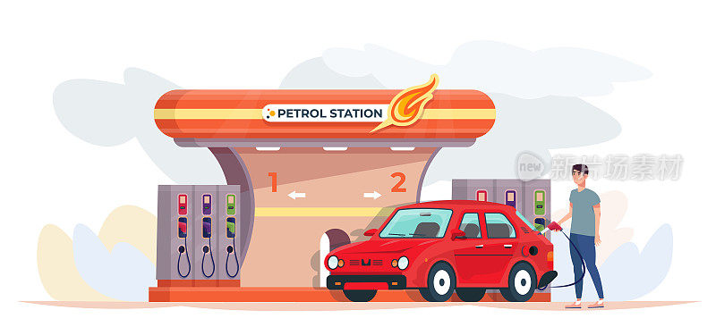 顾客在加油站拿着油泵给汽车加油。平面向量插图。
