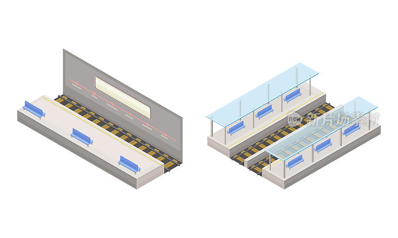 地铁站元素集。地铁站台现代铁路运输概念等距矢量图解