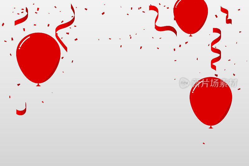 许多落红色小彩纸和飘带与气球在白色背景。向量