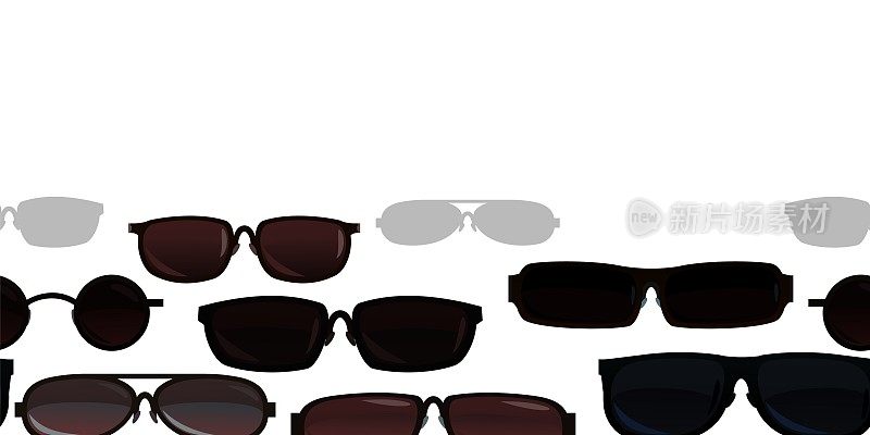 戴上太阳镜来防晒。夏天的眼镜。着色光学为更好的能见度。水平无缝的边界。物体孤立在白色背景上。向量