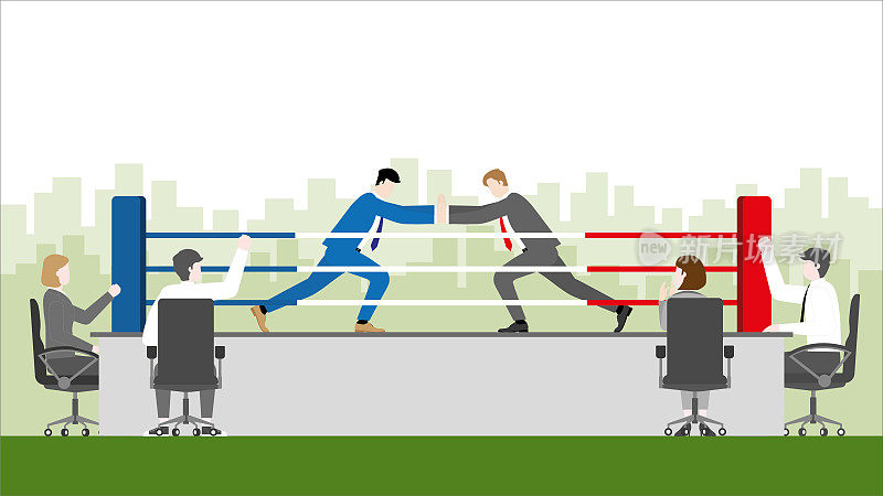 商业竞争的概念。商人在办公室会议室的拳击台上进行摔跤比赛。同事团队加油。职业生涯中的冲突、对抗和竞争。