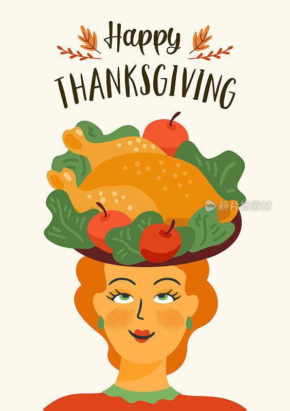 感恩节快乐插图。头上顶着火鸡的可爱女人。矢量设计卡片，海报，传单，网页和其他