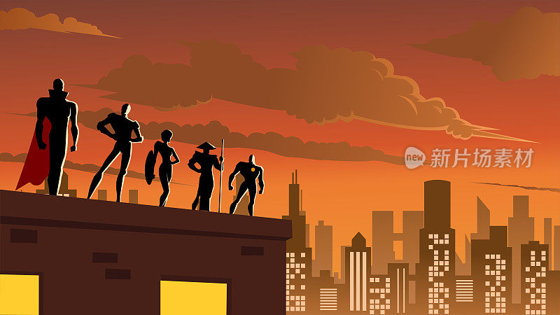 矢量超级英雄团队剪影在城市股票插图