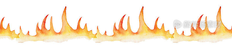 手绘水彩无缝图案火。在页面底部的火焰在白色背景上孤立的草图插图
