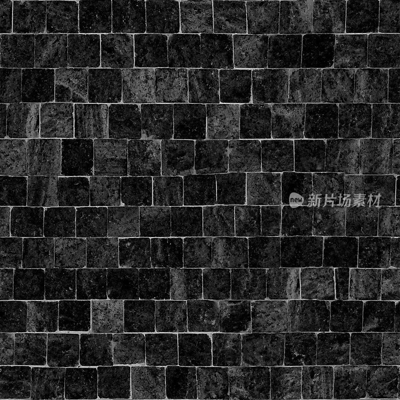 紧密排列的黑色方石形成均匀紧凑的表面。铺装石材，墙壁装饰表面具有逼真的原始凹凸不平的纹理效果-无缝图案插图背景