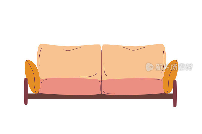 沙发和沙发，舒适的休息室，室内设计的靠垫在白色背景上隔离。现代模型，矢量平面卡通插图，剪贴画。