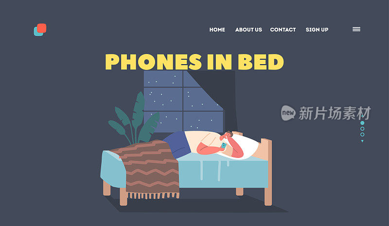 手机在床着陆页面模板。手拿手机躺在床上的男性角色。沉迷于电子产品的男人