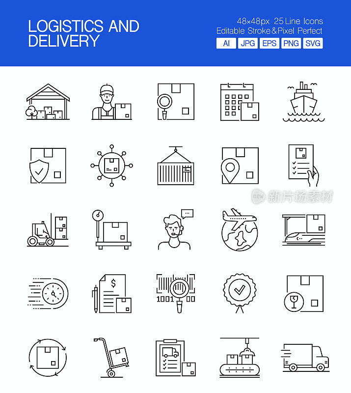 物流和交付细线矢量图标集。设计是可编辑的，颜色可以改变。矢量创意图标集:包装，地址，航运，保险，快递，退货，集装箱，仓库