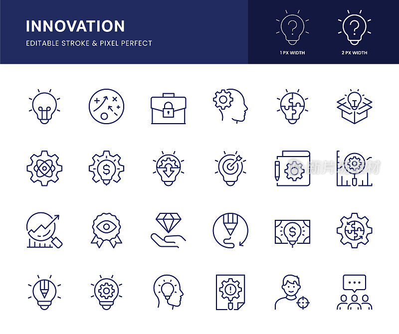 创新线图标。这个图标集包括专利、开放创新、原型设计、设计创新等。