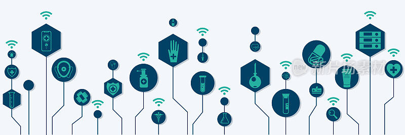 平面风格的远程医疗、保健和急救概念。医学图标设置在彩色背景六边形。为web应用程序，演示文稿，打印的创意医学插图。