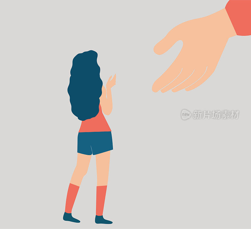 大手帮一个女人摆脱抑郁和压力。伸出手来支持一个有心理问题的女孩。